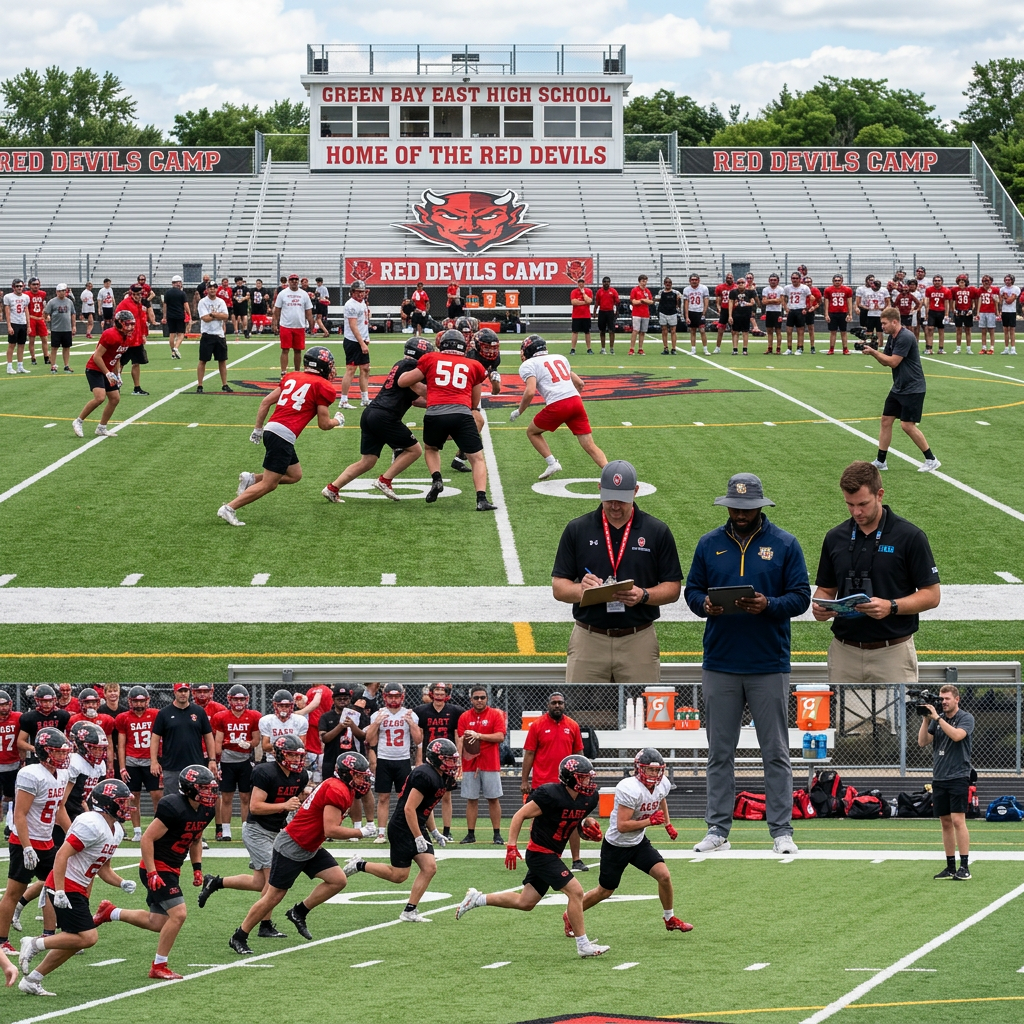 High school football players practicing on field with coaches observing and recording notes